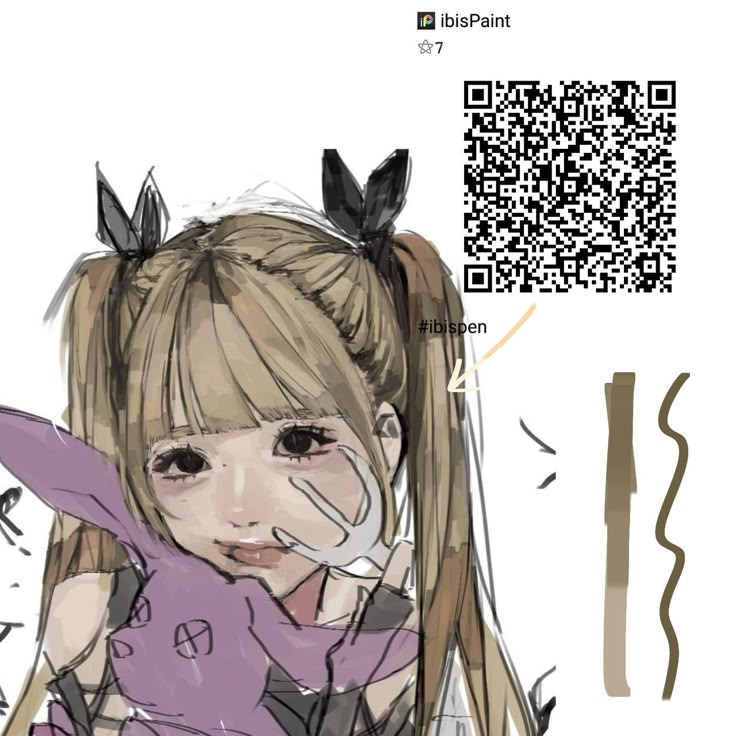 a drawing of a girl with long blonde hair and black bows on her head, next to a qr code