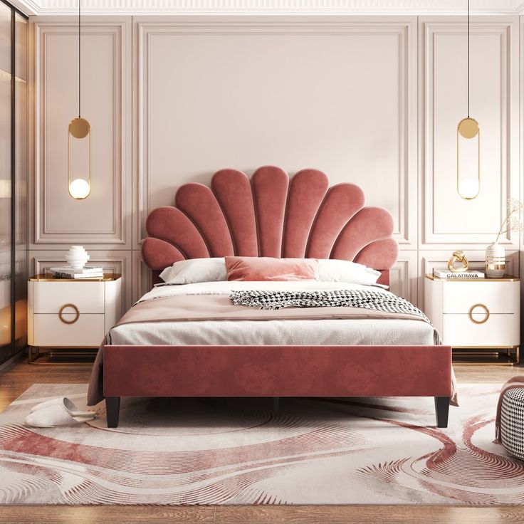 a bedroom with a pink bed and white walls