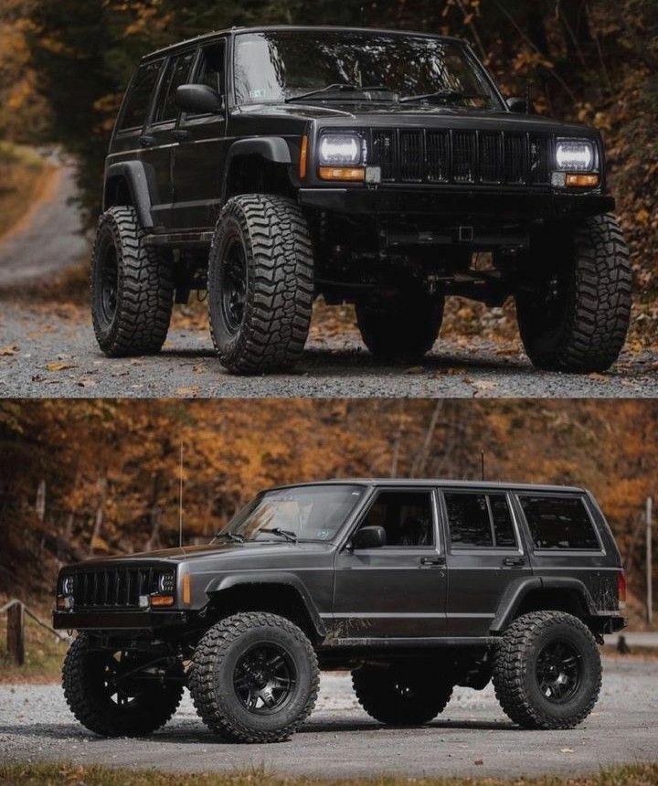 two pictures of the same jeep with different tires and suspensions, one is black