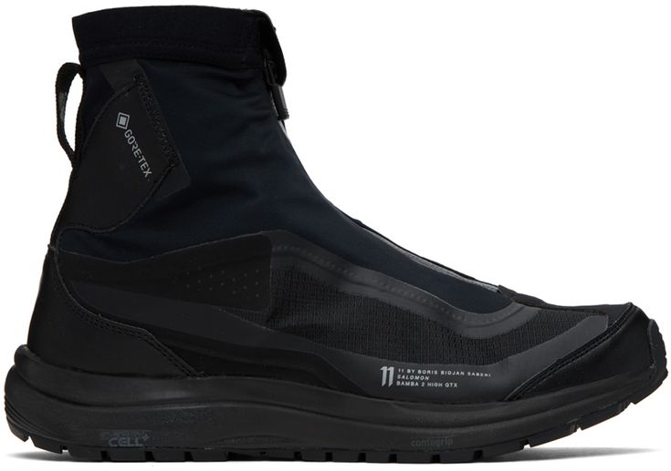 High-top piece-dyed waterproof GORE-TEX® bonded jersey and ripstop sneakers in black. Grained leather trim, bonded trim, and printed logos throughout. · Zip closure at vamp · Concealed lace-up closure · Pull-loop at elasticized collar · Reflective logo bonded at heel counter · Mesh lining · EnergyCell foam rubber midsole · Treaded Contagrip® rubber outsole Part of the 11 by Boris Bidjan Saberi x Salomon collaboration. Supplier color: Black Black Nylon High-top Sneakers With Vibram Sole, Waterproof Functional High-top Sneakers For Streetwear, Functional Waterproof High-top Sneakers For Streetwear, Gore-tex Sneakers For Streetwear, Sports High-top Nylon Sneakers, Waterproof Mid-top Nylon Sneakers, Nylon High-top Sneakers For Sports, Black Nylon High-top Sneakers For Streetwear, Functional High-top Waterproof Sneakers