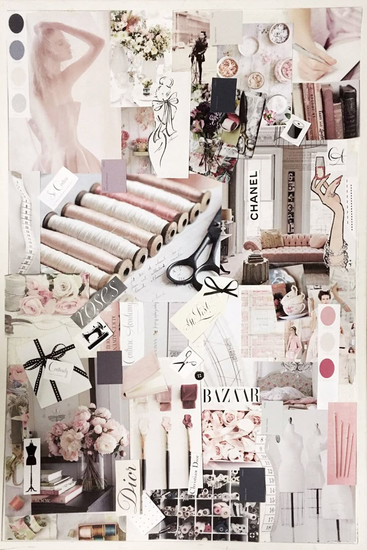 a collage of different items including scissors, flowers and other things in the background