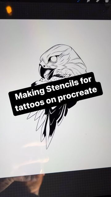 a person holding up a sign with an eagle on it that says making stencils for tattoos on procreate