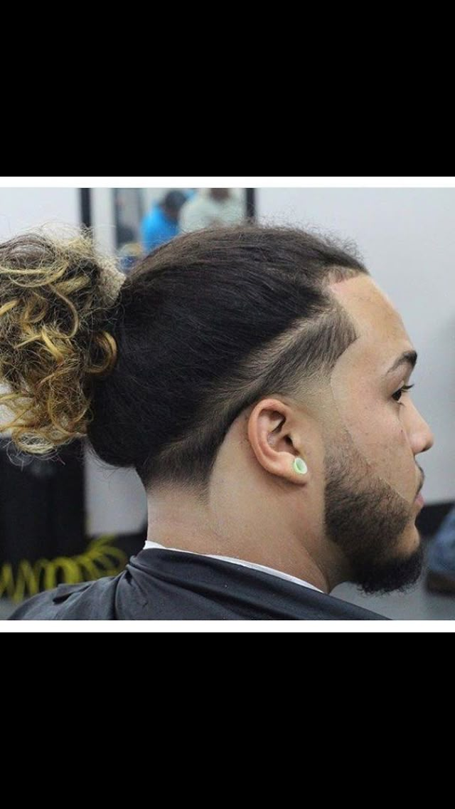 Curly Man Bun Fade, Low Taper Fade Man Bun, Man Bun Taper Fade, Low Taper Man Bun, Man Bun Taper, Man Bun Shaved Sides, Manbun Undercut Fade, Man Bun Undercut Fade, Long Hair Taper Fade