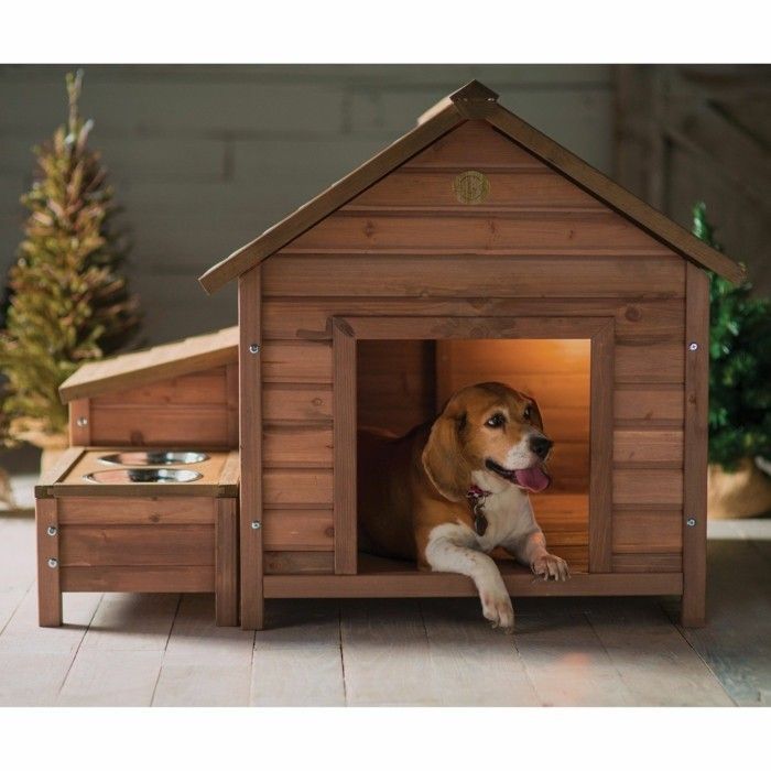 a dog is sitting in a small wooden house