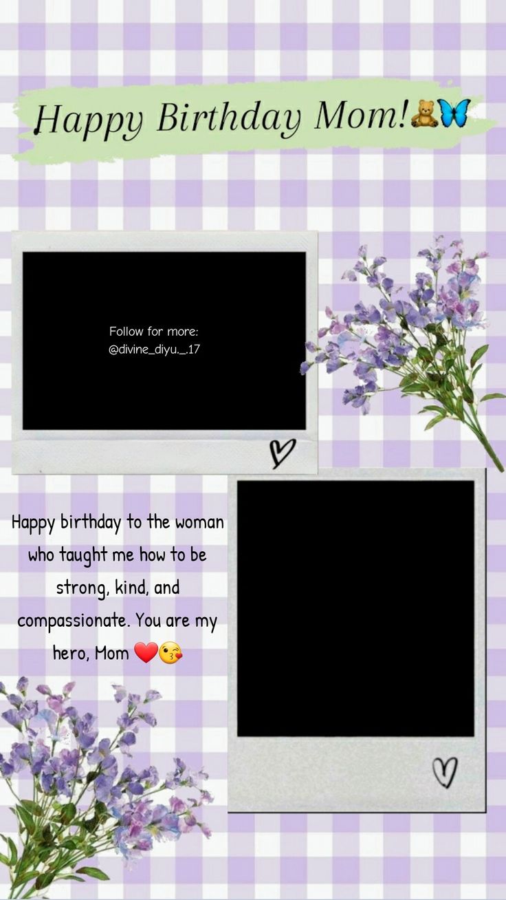 a happy birthday card for mom with flowers on the front and purple gingham background