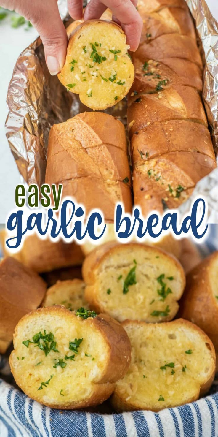 garlic bread is cut in half and placed on a blue towel with text overlay that reads easy garlic bread