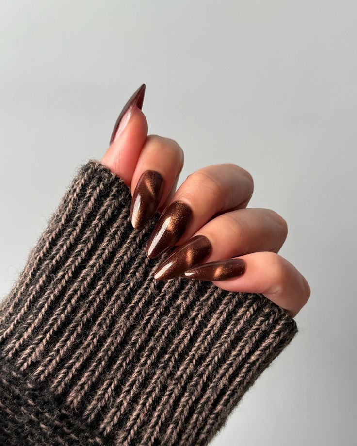 Lights Lacquer, Home for the Harvest 🧺 🐿️ Maple Street, a mahogany brown polish with a fine golden shimmer and magnetic finish • use code COLORNOOK to save on your purchase @lightslacquer • use code THECOLORNOOK to save on your purchase @nominal #lightslacquer #homefortheharvest #fallnails #fallnailcollection #nailpolishswatch #nailswatch #nailinspo #maplenails #brownnails #cateyenails #darknails #magneticnails magnetic cat eye brown maple nails golden shimmer Bronze Cateye Nails, Brown On Brown Nails, Brown Tiger Eye Nails, Brown Reflective Glitter Nails, Fall Brown Cat Eye Nails, Autumn Nails Cat Eye, Chocolate Cat Eye Nails, Brown Cats Eyes Nails, Cat Eye Almond Nails Designs