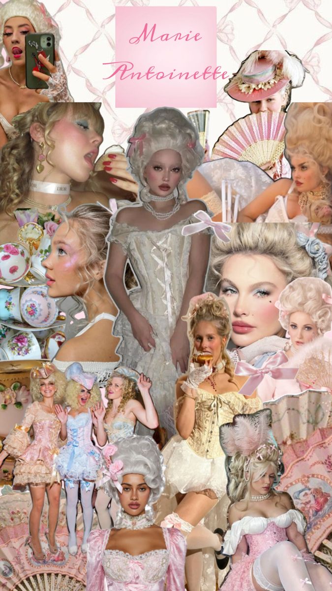 the collage shows many different women dressed in pink and white dresses, including one woman with