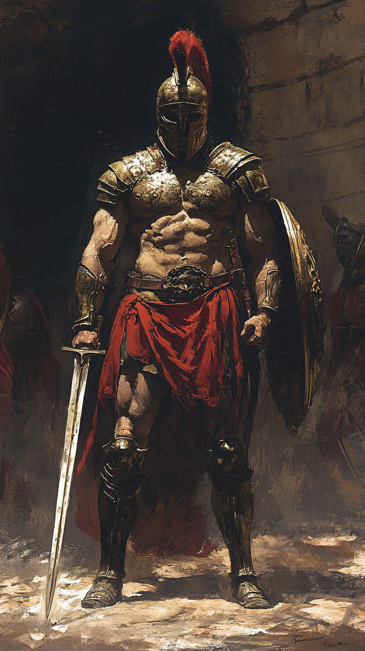 a painting of a man in armor holding two swords