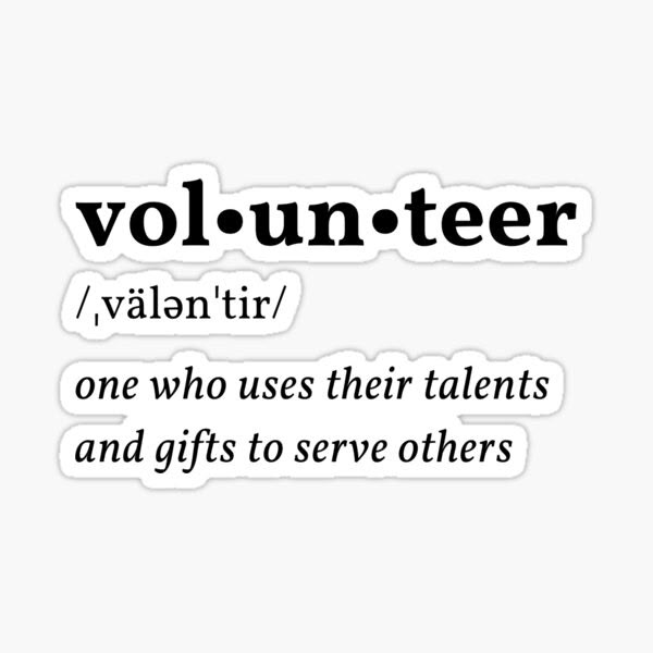 the words volunteer written in black and white sticker on a white background with an image of