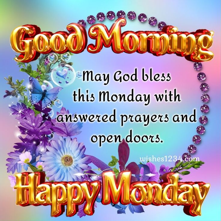 good morning message for monday with flowers and beads in the frame on a colorful background