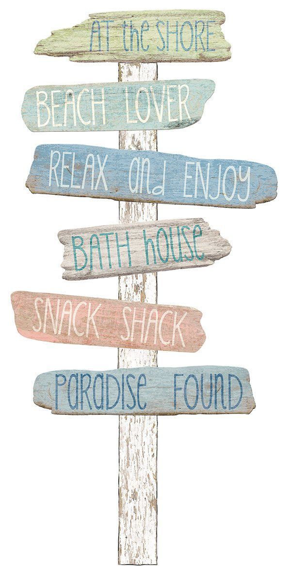 a wooden sign with several different colored signs on it's side and the words beach lover relax, enjoy, bath house snack, paradise found at the shore