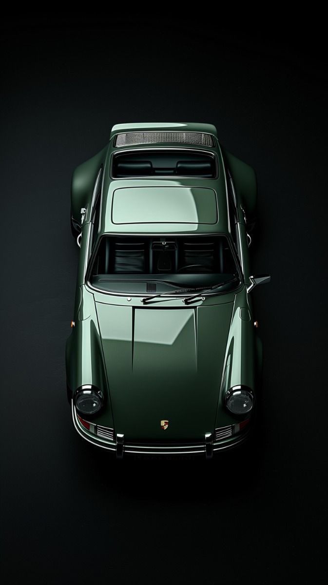 an overhead view of a green sports car on a black background with the hood down