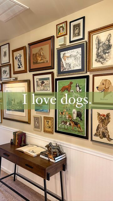 there are many pictures on the wall with words above them that say i love dogs