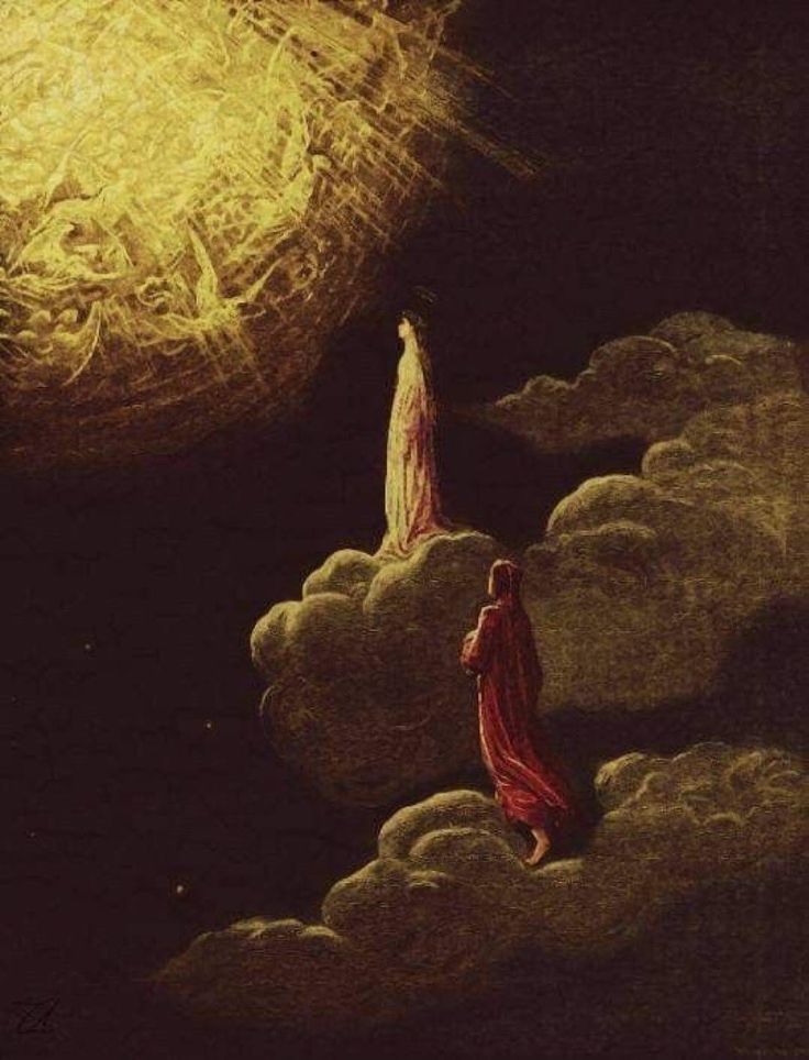 a painting of a woman standing on top of a cloud