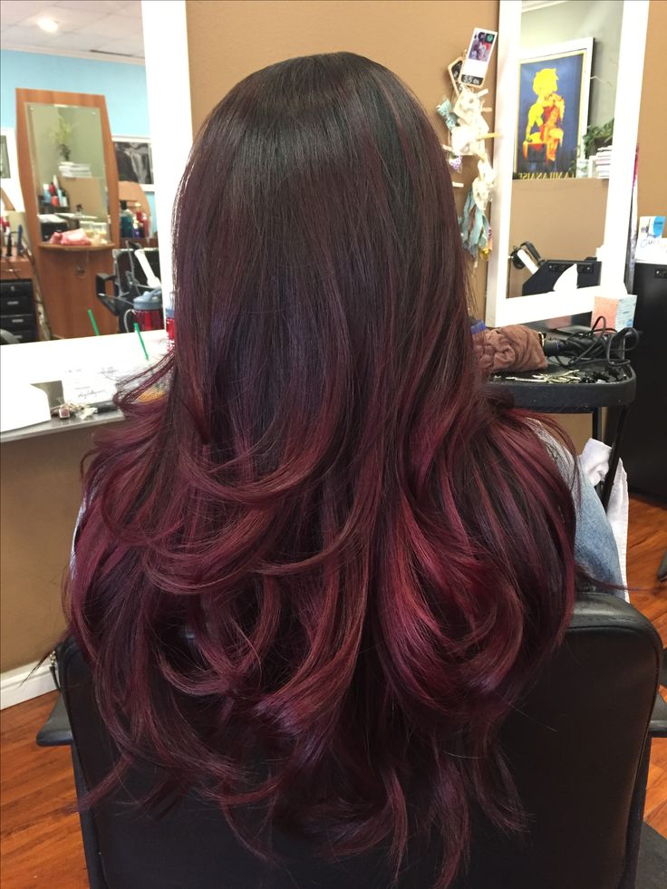 Burgandy Hair On Black Hair, Black Red Hair Balayage, Cherry Red Hair Color On Black Hair, Cherry Black Balayage, Red Cherry Balayage, Dark Wine Balayage, Red Hair Balayage Black, Red Hair Color Brunettes, Black Hair With Maroon Underneath