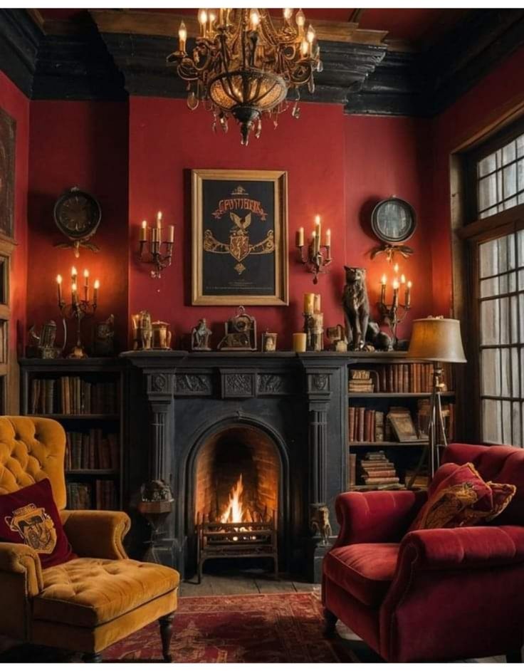 a living room filled with furniture and a fire place next to a book shelf full of books