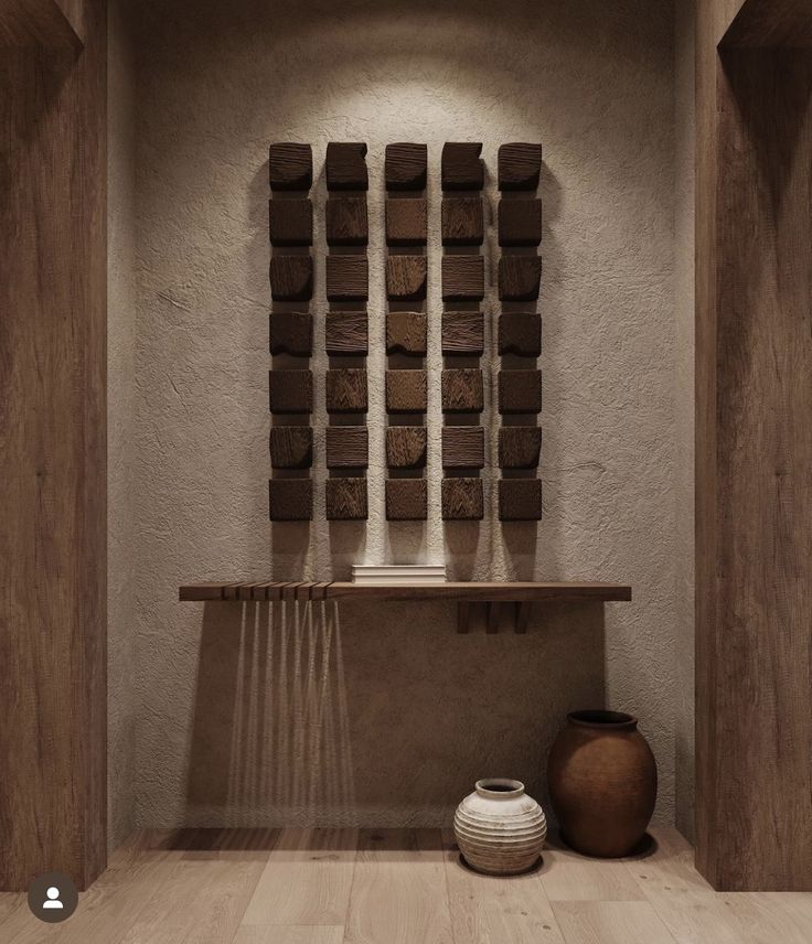 a bathroom with a sink and wooden shelves