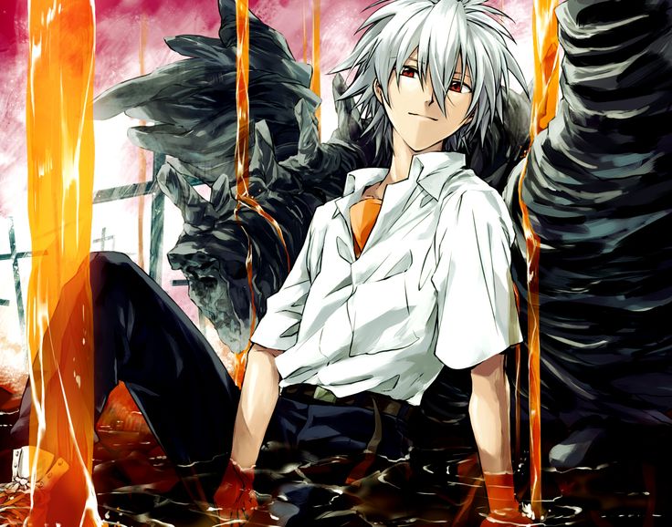 an anime character sitting on the ground in front of a black bird and red background