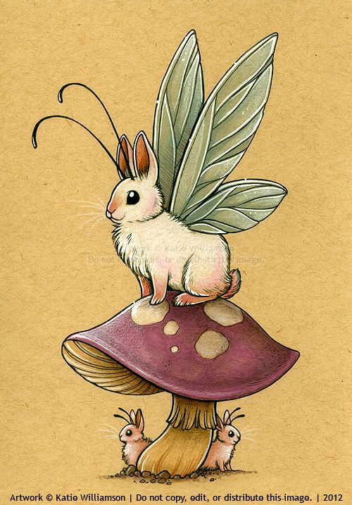 a white rabbit sitting on top of a mushroom with wings flying above it's head