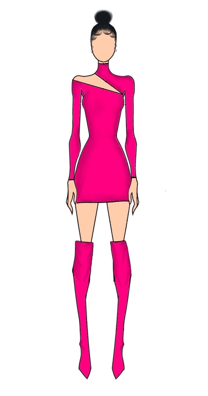 a drawing of a woman in a pink dress and thigh high boots with her hands on her hips