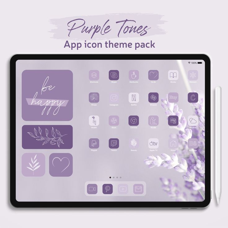 the purple tones app icon theme pack is displayed on an ipad with flowers and leaves