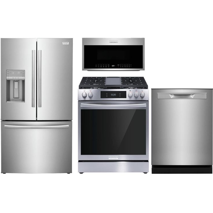 a silver refrigerator freezer sitting next to a stove top oven and dishwasher