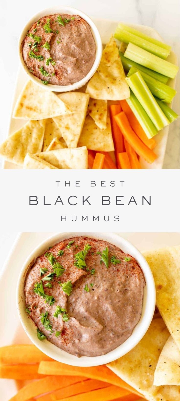 the best black bean hummus with carrots, celery and crackers