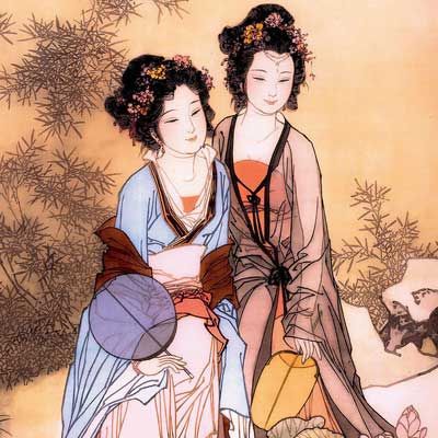 Two young Chinese ladies, who are sisters, and best friends. Painting With Meaning, Chinese Ancient Art, Chinese Art Traditional, Poetry Calligraphy, Chinese Painting Traditional, Ancient China Art, Chinese Traditional Art, Traditional Chinese Art, Chinese Paintings