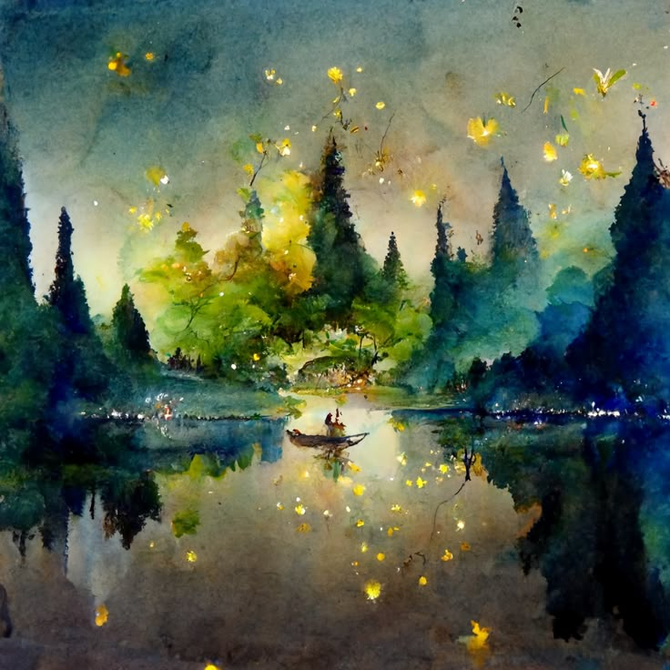 a painting of a lake with trees and stars in the sky