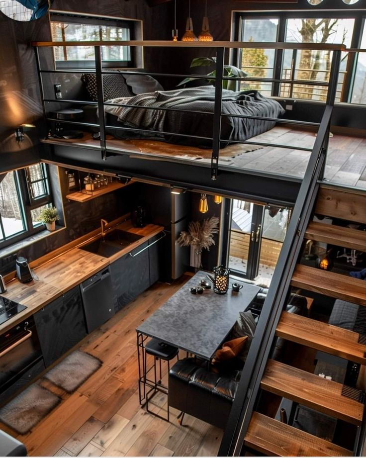 Container Home Interior Design, Mini Cabin Ideas, Industrial Loft Apartment, Design Case Mici, House With Loft, Small Loft Apartments, Industrial Loft Design, Cabin Loft, Loft House Design