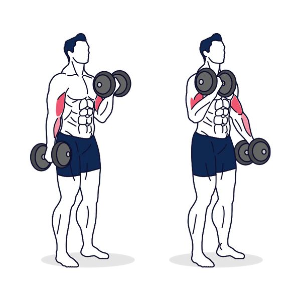 a man holding two dumbbells while standing next to another man with his back turned