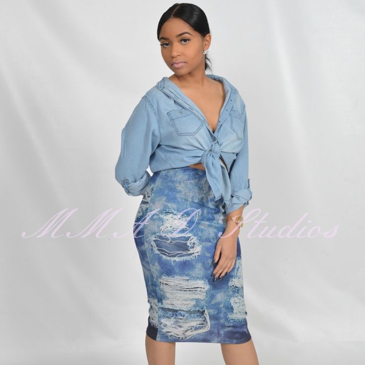 Printed Ripped Denim Pencil Skirt. 95% Polyester, 5% Spandex. Stretch Waist Band. Trendy Stretch Blue Denim Skirt, Chic Blue Stretch Denim Skirt, Trendy High-waist Denim Pencil Skirt, Spring Denim Blue Pencil Skirt, Spring Blue Stretch Denim Skirt, Spring Stretch Denim Pencil Skirt, Chic Ripped Fitted Denim Skirt, Chic Fitted Ripped Denim Skirt, Blue High Rise Fitted Pencil Skirt