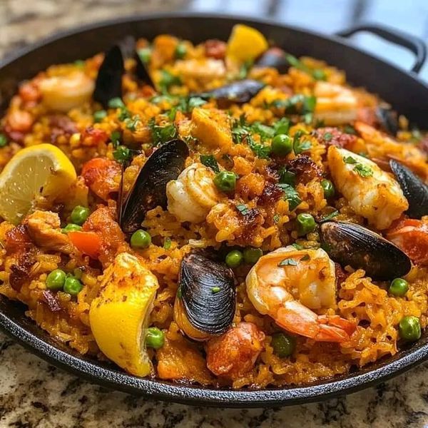 a pan filled with seafood and rice on top of a table