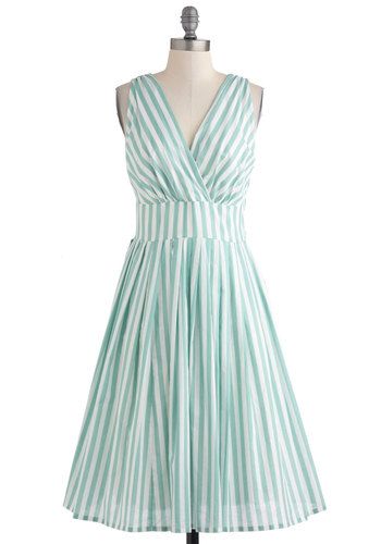 "Glamour Power to You" Mint Stripes from ModCloth Spring Bridesmaids, Coral Bouquet, Candy Striper, Mod Cloth, Navy Flats, 2013 Fashion, Retro Vintage Dresses, Fun Dress, Summer Vintage