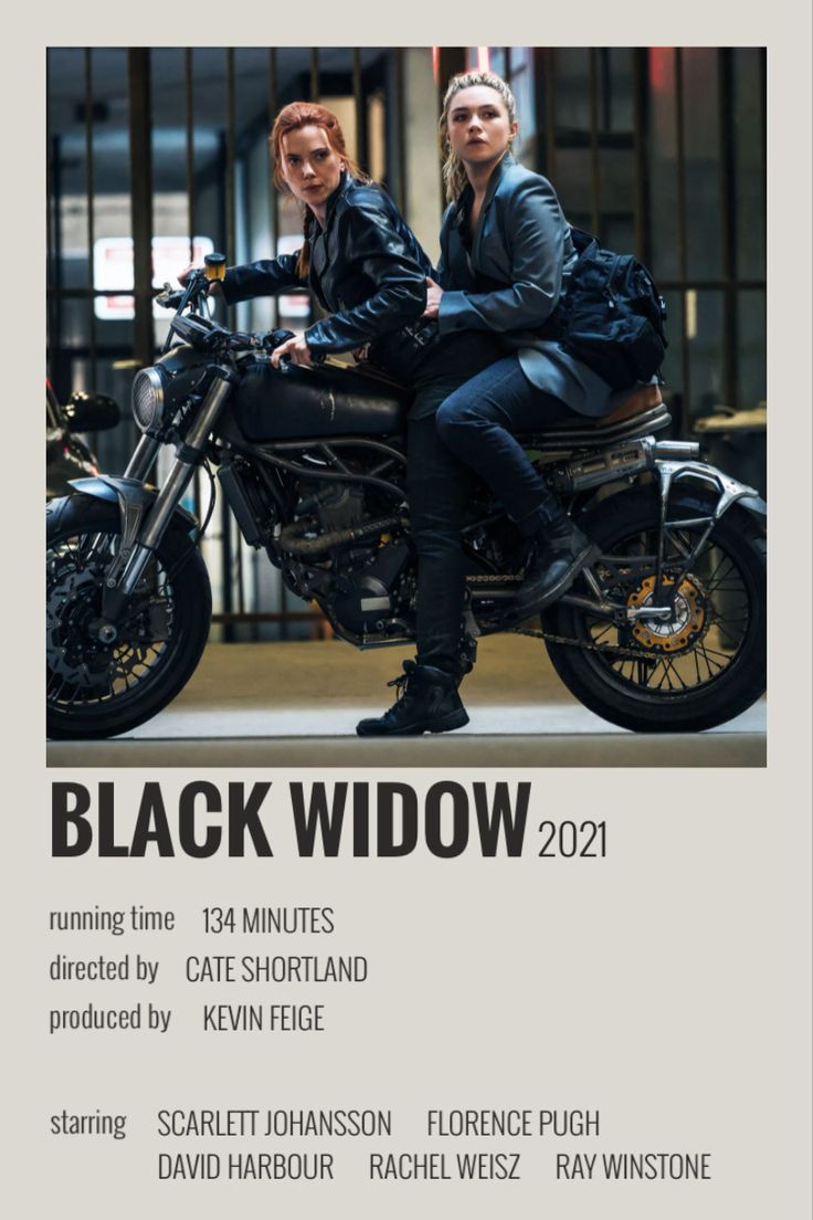 two people sitting on a motorcycle with the words black widow in front of their faces