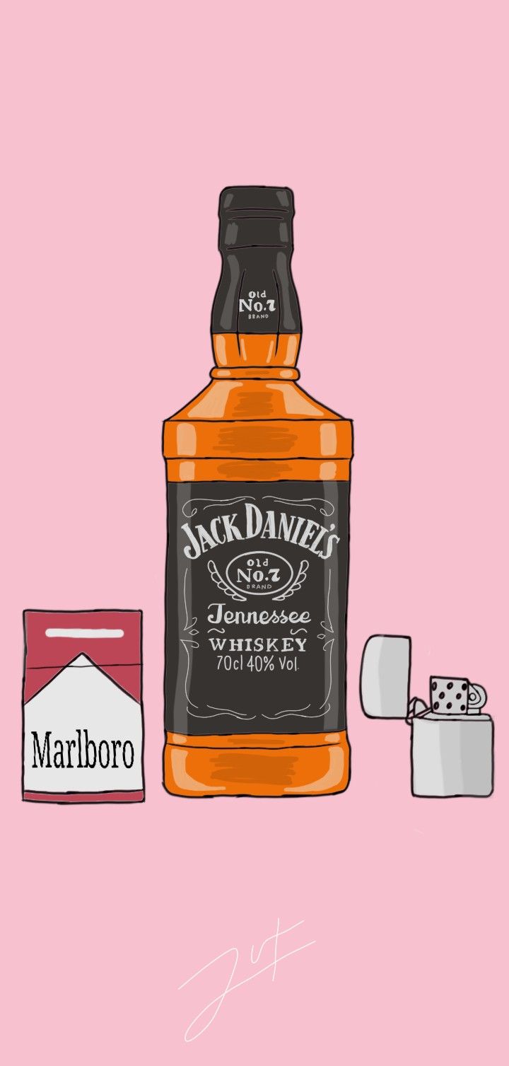 a bottle of jack daniels whiskey next to two lighters on a pink background with the caption jack daniels