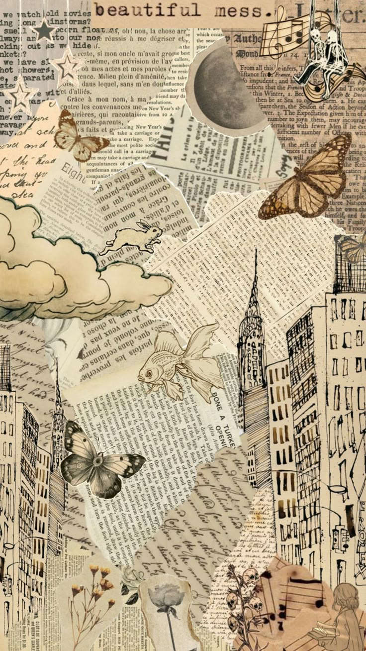 a collage of old books with butterflies flying over them