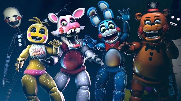 five cartoon characters are standing in front of a computer screen with the words five nights on it