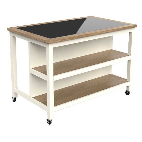 a white table with a black top and shelves on wheels is shown in front of a white background