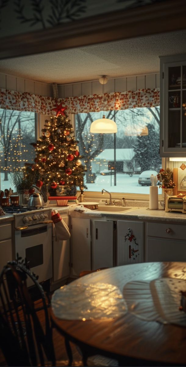 a kitchen with a christmas tree in the window