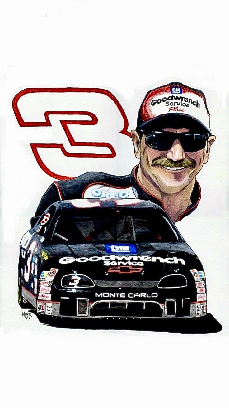 a drawing of a man with sunglasses on his face next to a car that has the number 3 on it