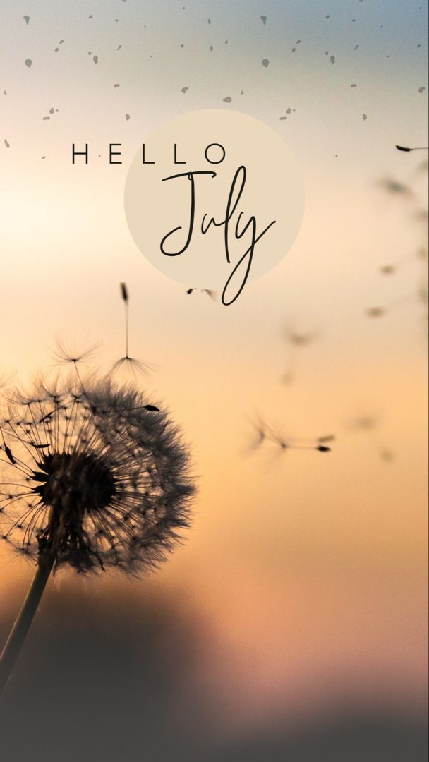 a dandelion with the words hello july written on it in front of a sunset