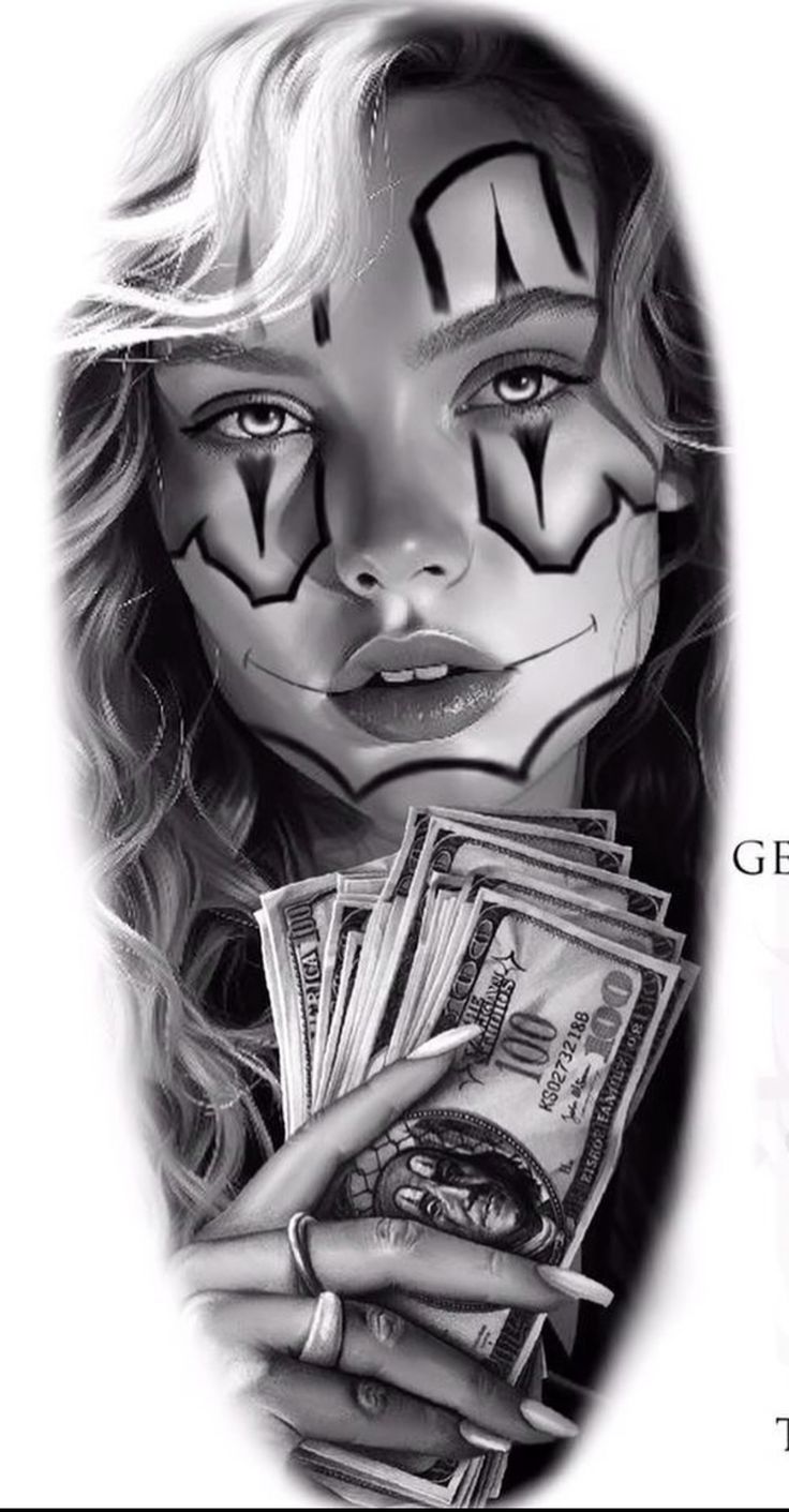 a drawing of a girl with makeup holding money