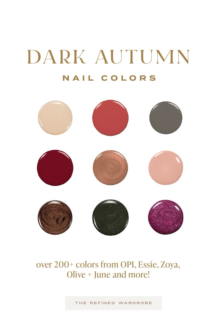 200+ Best Nail Polish Colors For Dark Autumns: Shades From Essie, OPI, Olive + June, Orly, Zoya, Clean Beauty Brands and More! Autumn Deep Nails, Nails For Deep Autumn, Nail Colors For Deep Autumn, Nail Colors For Soft Autumn, Dark Autumn Nail Colors, Dark Autumn Color Palette Nails, Autumn Palette Nails, Dark Autumn Nail Polish, Deep Autumn Color Palette Nails