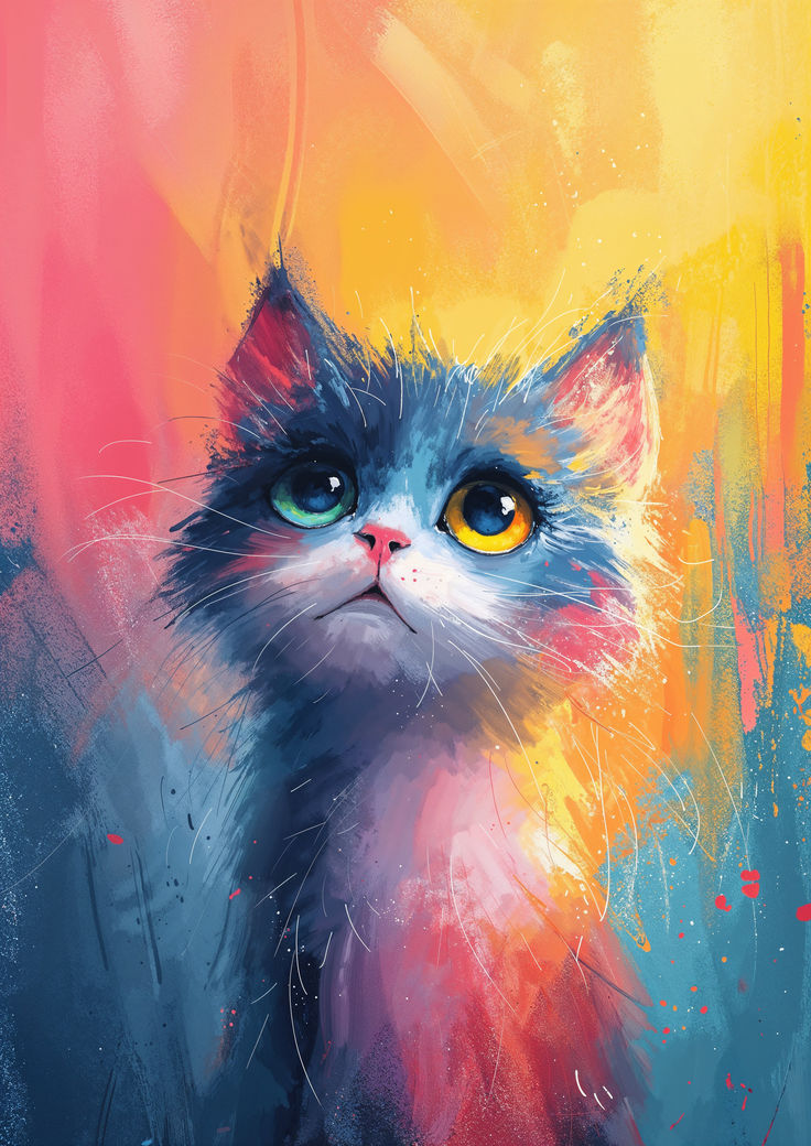 a painting of a cat with blue eyes and yellow, pink, orange, and red colors