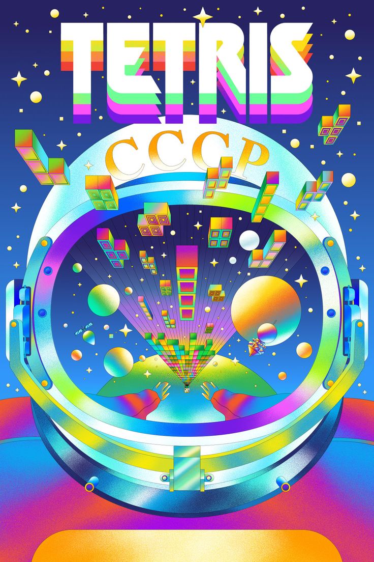 the poster for tetris scoop shows an image of a space station with colorful shapes and