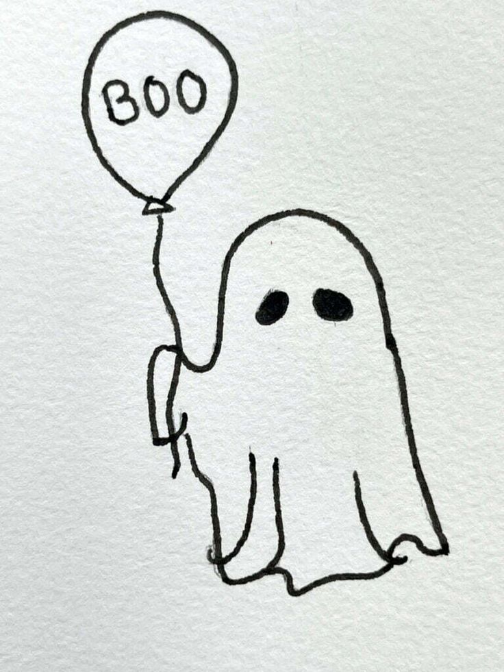 a drawing of a ghost holding a balloon with the word boo on it's side