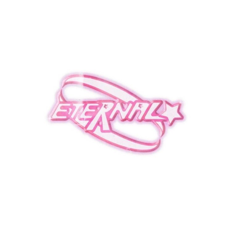 a pink enamel sticker with the word eternal on it's bottom and stars