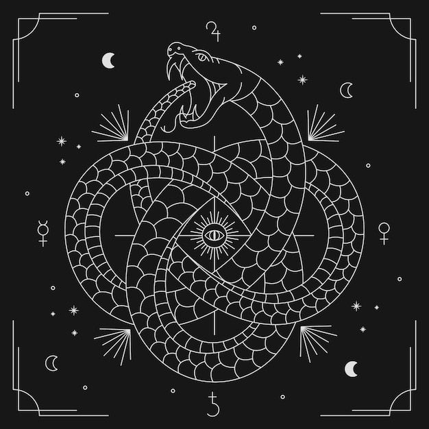 a black and white drawing of a snake in the middle of a circle with stars